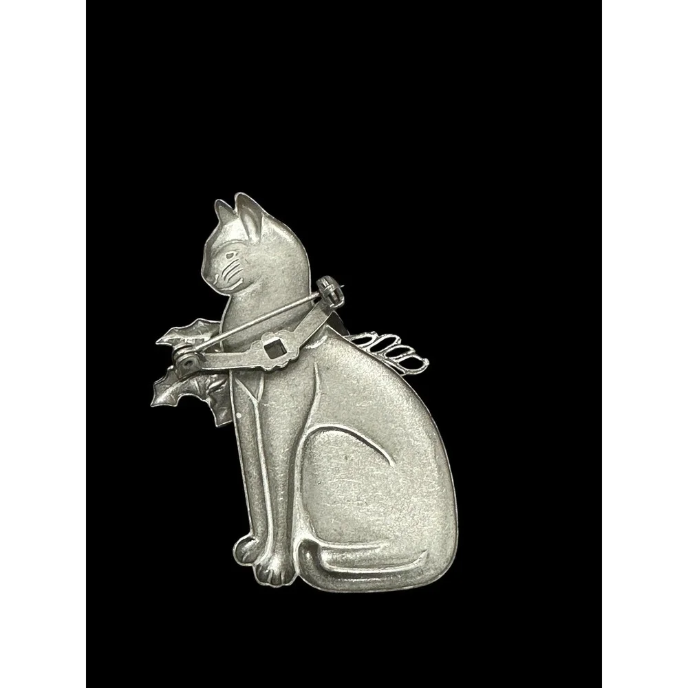 Vintage  Feline Brooch Pin Silver & Copper Tone  Christmas Holly